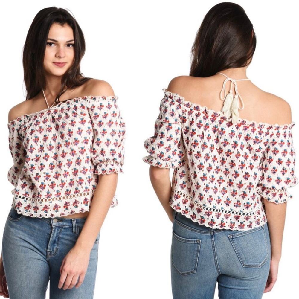 Saylor Renada Floral Eyelet Tassel Halter Off The Shoulder Top S